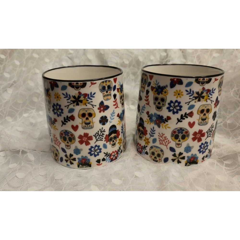 Day of the Dead / Dia De Los Muertos Skulls Design Ceramic Mugs (2)- 16 Fl Oz